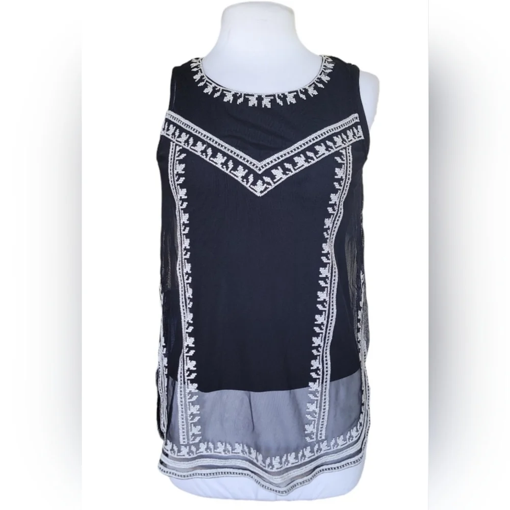 Alfani Sheer Black Layered Tank Top with White Embroidery Sz S/P - Picture 1 of 9